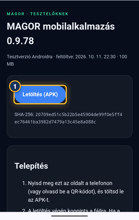 A letöltőoldal a Letöltés (APK) gombbal