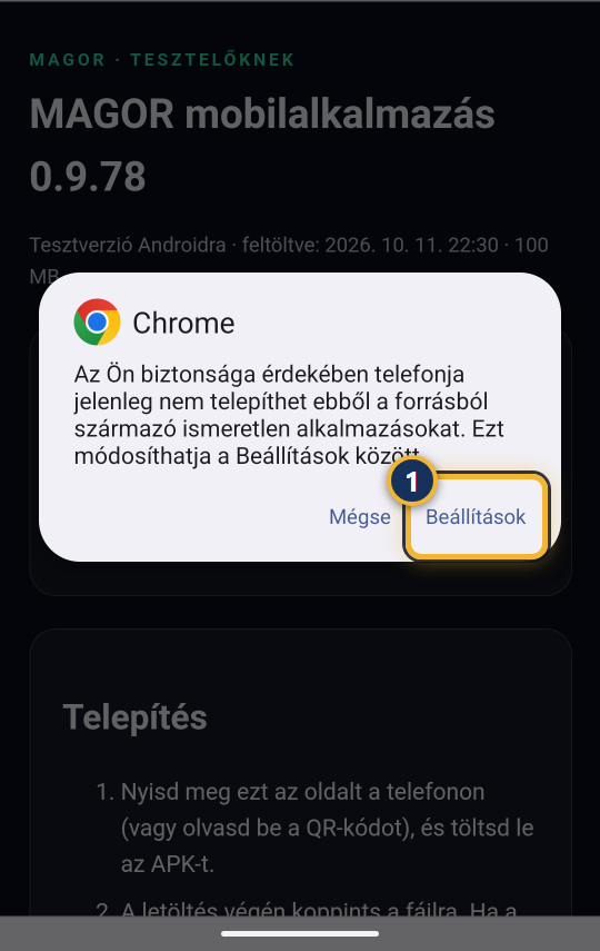 Az Android figyelmeztetése az ismeretlen forrásról, Beállítások gombbal