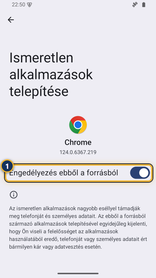 Ismeretlen alkalmazások telepítése: Engedélyezés ebből a forrásból bekapcsolva