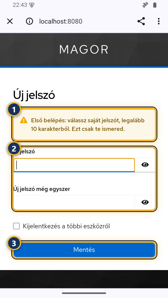 Új jelszó megadása kétszer, Mentés gomb