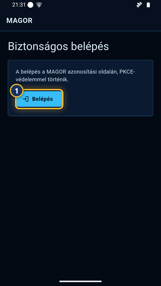 Az app nyitóképernyője a Belépés gombbal