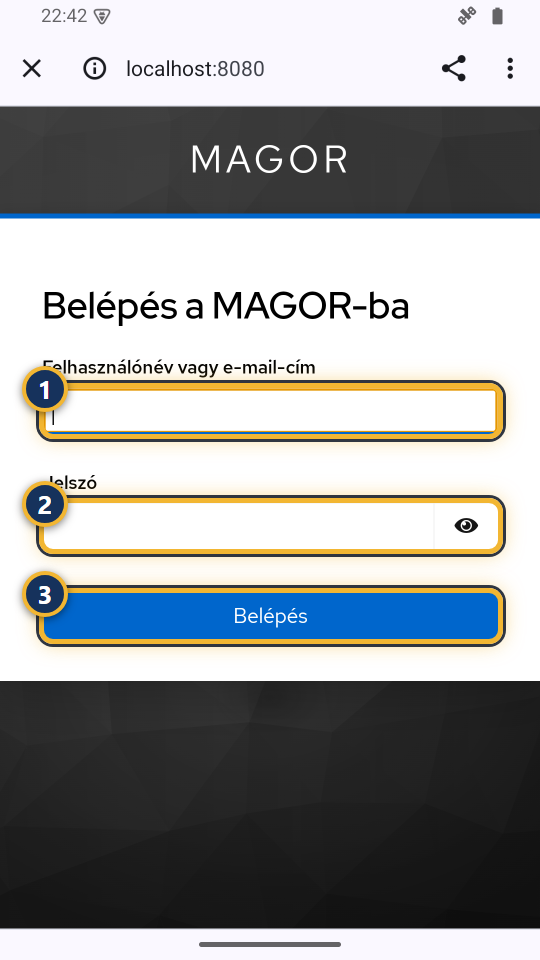 A MAGOR bejelentkezési oldala felhasználónév és jelszó mezővel