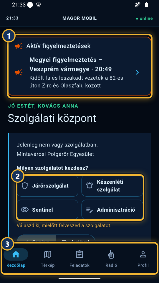 A kezdőlap egy aktív figyelmeztetéssel és a szolgálat fajtáinak választójával