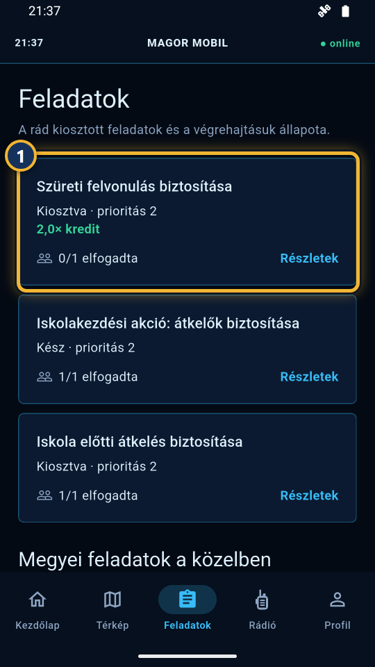 A Feladatok fül egy kétszeres kreditű feladattal