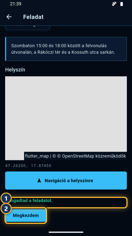 Az elfogadott feladat a Megkezdem gombbal