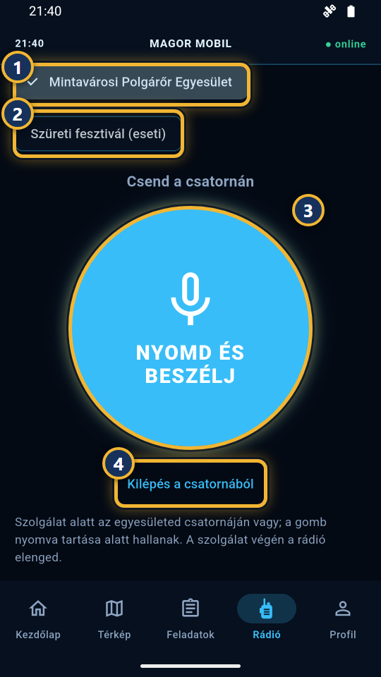 A Rádió fül az egyesületi és egy eseti csatornával