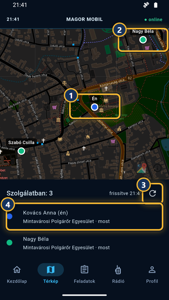 A csapattérkép három szolgálatban lévő taggal
