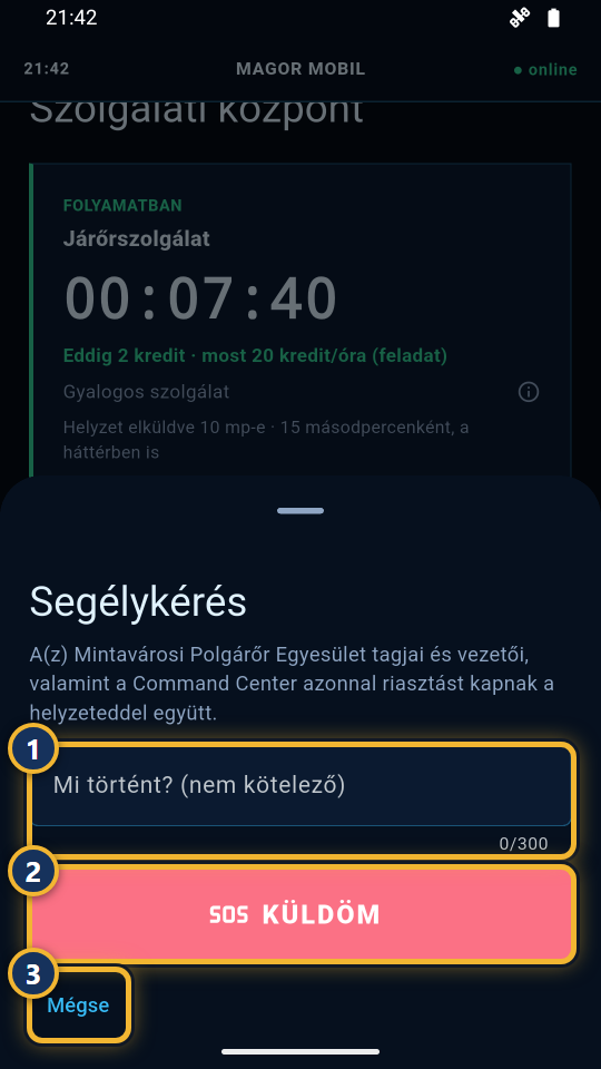 A segélykérés ablaka a KÜLDÖM gombbal