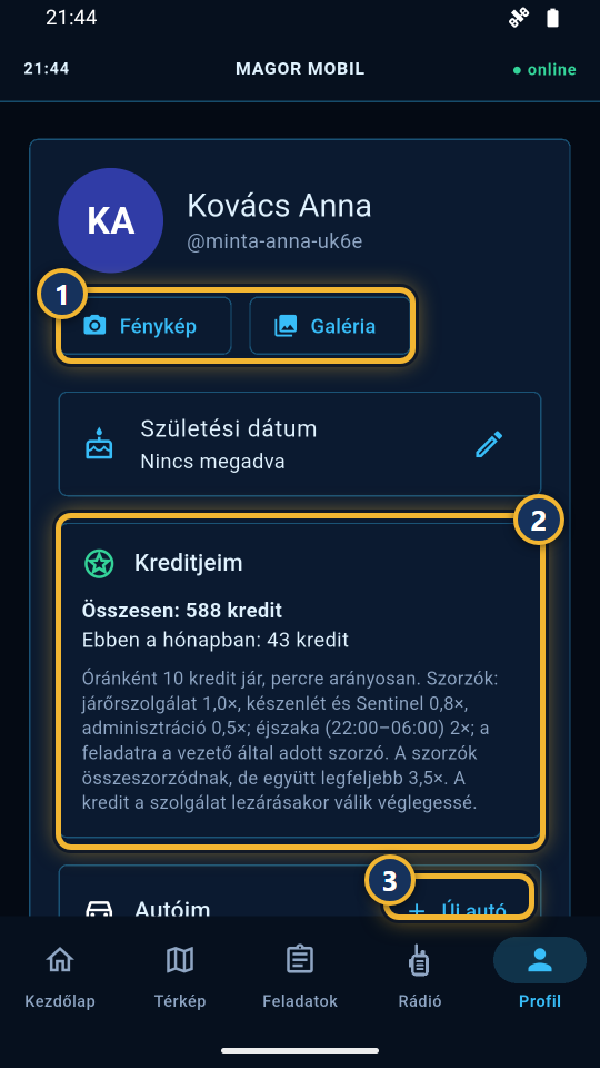 A Profil fül teteje a kreditekkel és a járművekkel