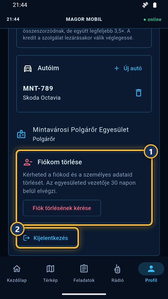 A Fiókom törlése rész és a Kijelentkezés gomb