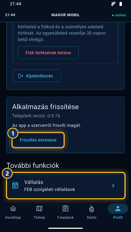 Az Alkalmazás frissítése rész
