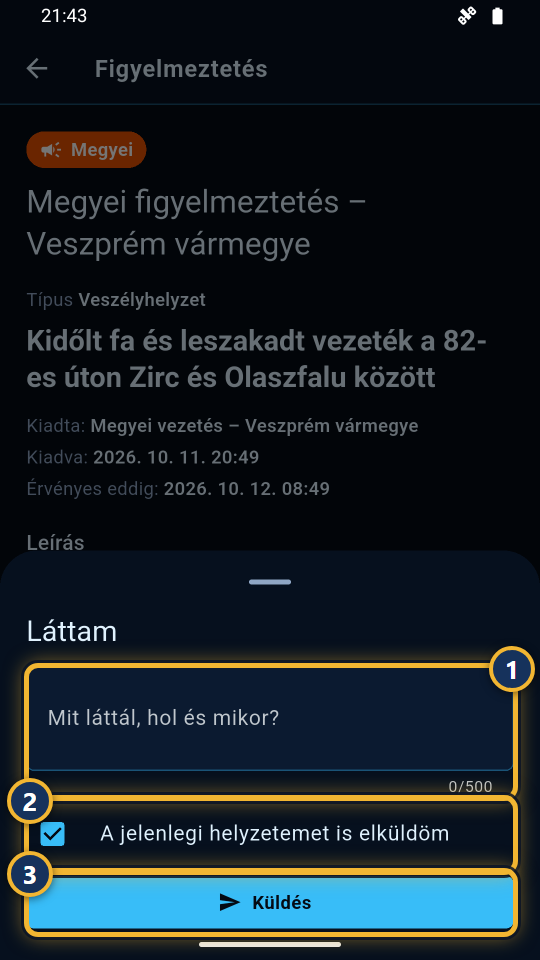 A válasz ablaka szöveggel és a helyzet elküldésével