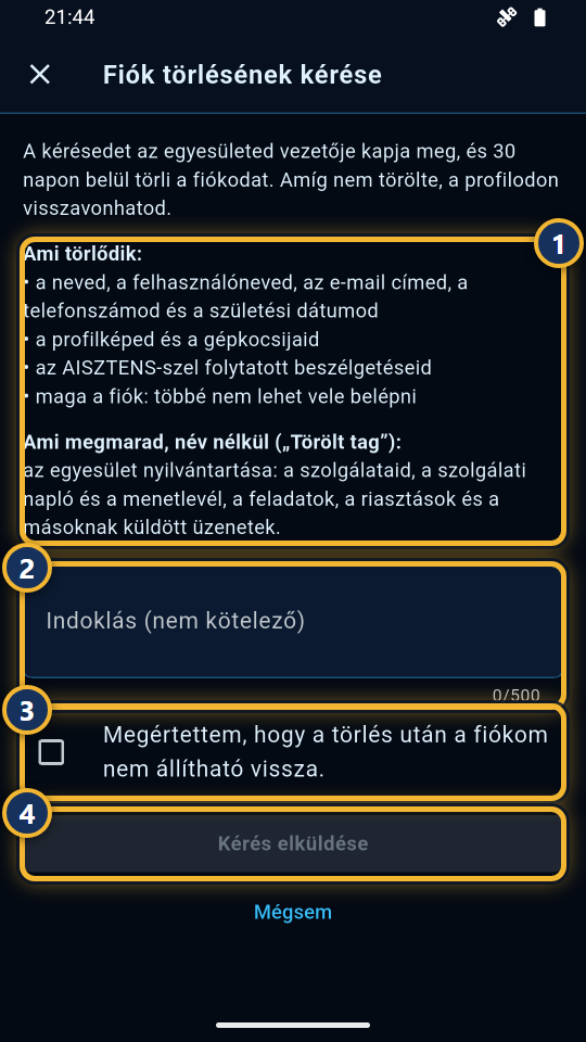 A fiók törlésének kérése: mi törlődik, indoklás, megerősítés