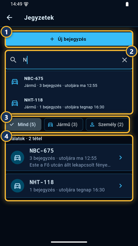A Jegyzetek a keresővel, amely az N betűre már az NBC-675-öt ajánlja