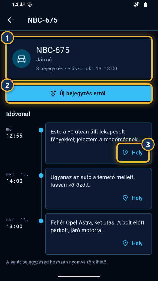 Egy jármű idővonala a bejegyzésekkel